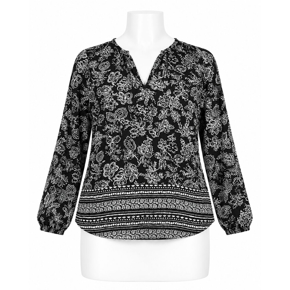 Old Navy Black White Floral Boho V Neck Blouse Long Sleeve Top Womens XL
